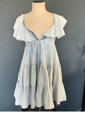 Free People Light Wash Tiered Mini Dress with Ruffle Collar - Pale Blue